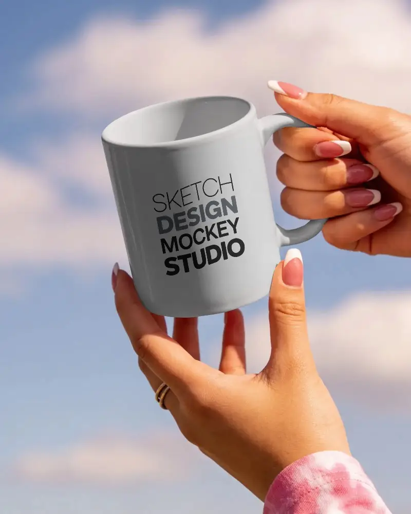 Classic Ceramic Mug Mockup Held In Hands Outdoor Background For Custom Design Display