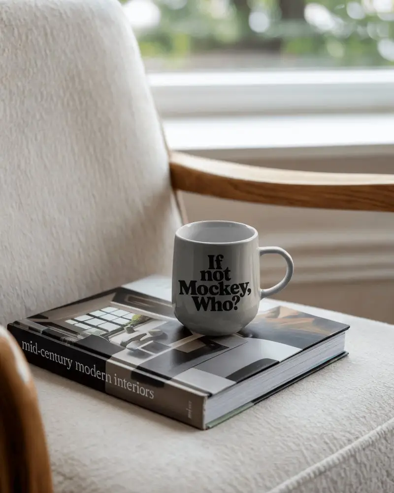 Ceramic Coffee Mug Placed On Decorative Interior Design Book On Cozy Fabric Chair
