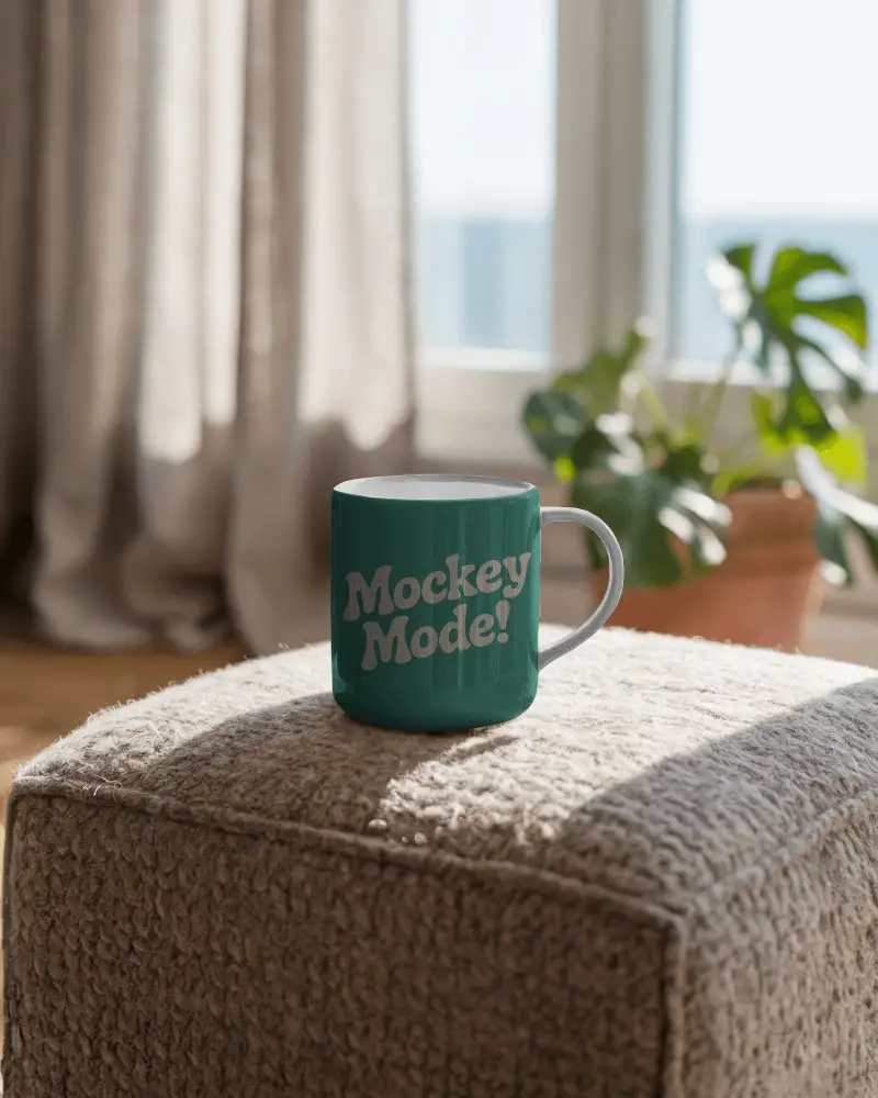 Sleek Dining Room Mug Mockup On Ottoman Showcasing Everyday Home Environment