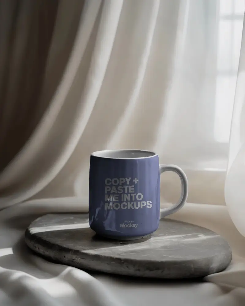 Ceramic Mug Mockup On Stone Plate With Soft Fabric Background For Coffee Design