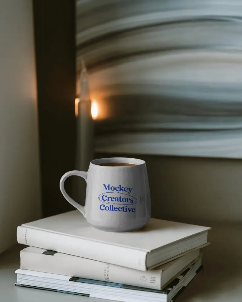 Ceramic Coffee Mug On Stack Of Books Near Abstract Wall Art And Candlelight Setting For Relaxation