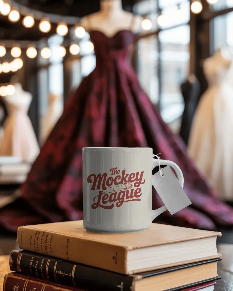 Ceramic Mug With Hanging Tag On Stacked Books In Vintage Luxury Boutique Setting