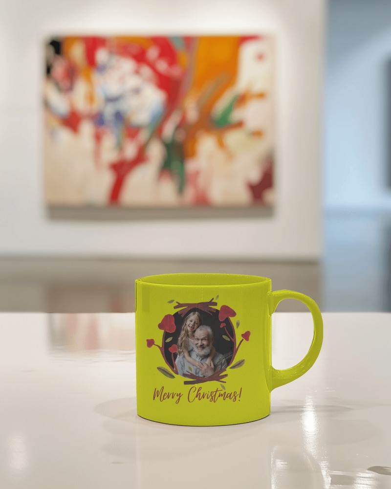 Artistic White Mug Mockup In Gallery With Abstract Background
