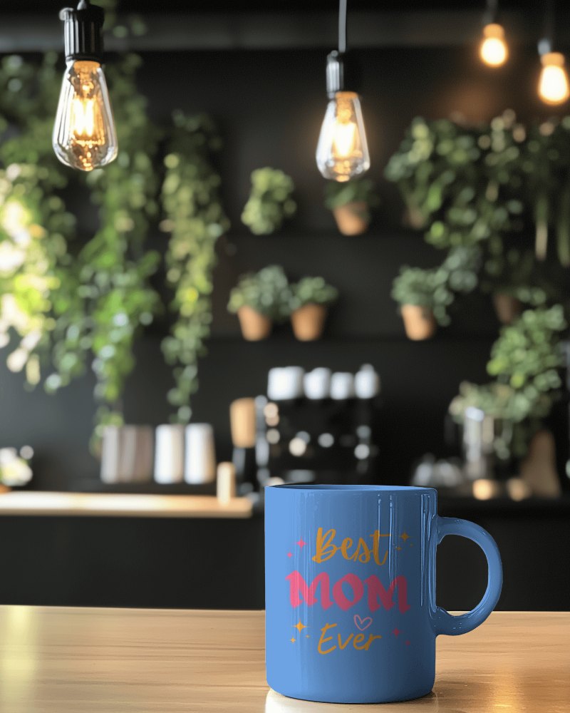 Cozy White Mug Mockup In Modern Cafe With Hanging Lights And Plants