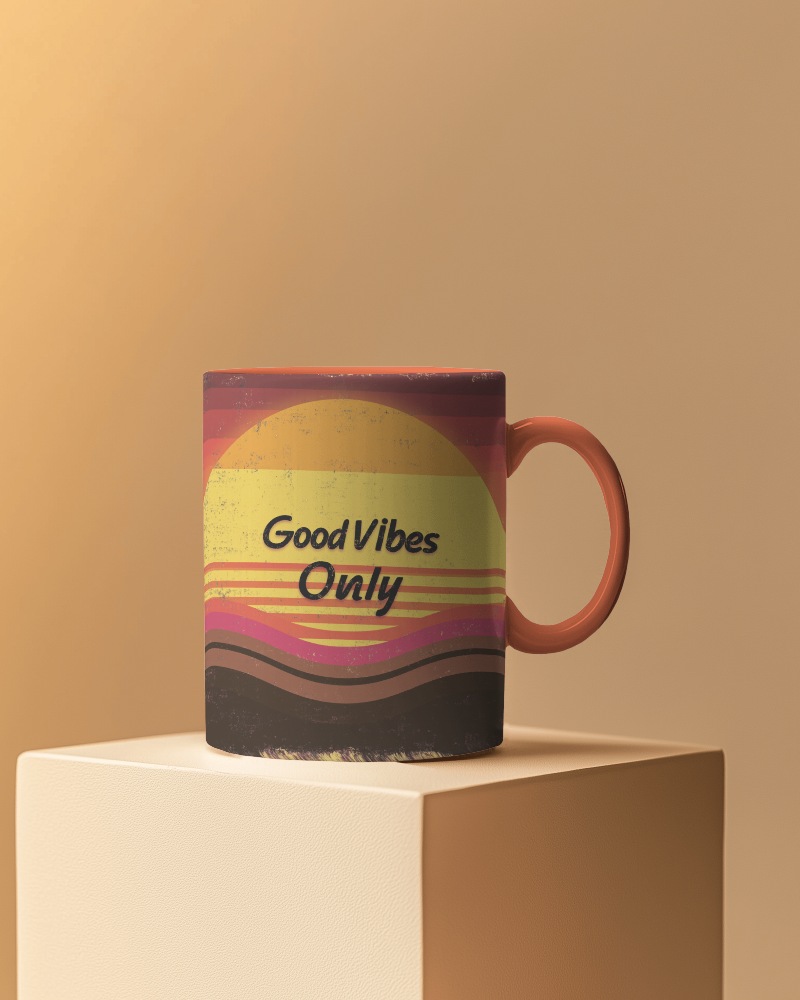 Elevated Mug Mockup On Geometric Podium Against Warm Beige Background Modern And Aesthetic