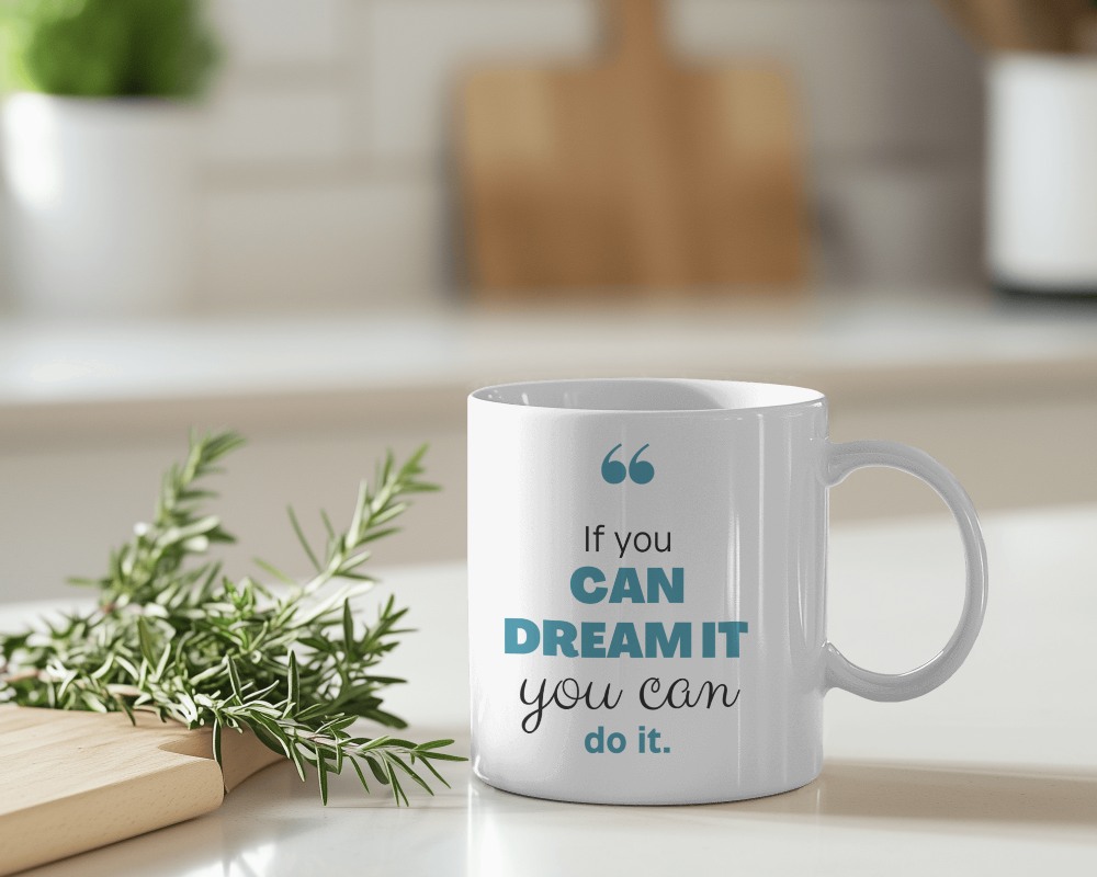 Fresh White Mug Mockup On Kitchen Counter With Wood And Herb Decor