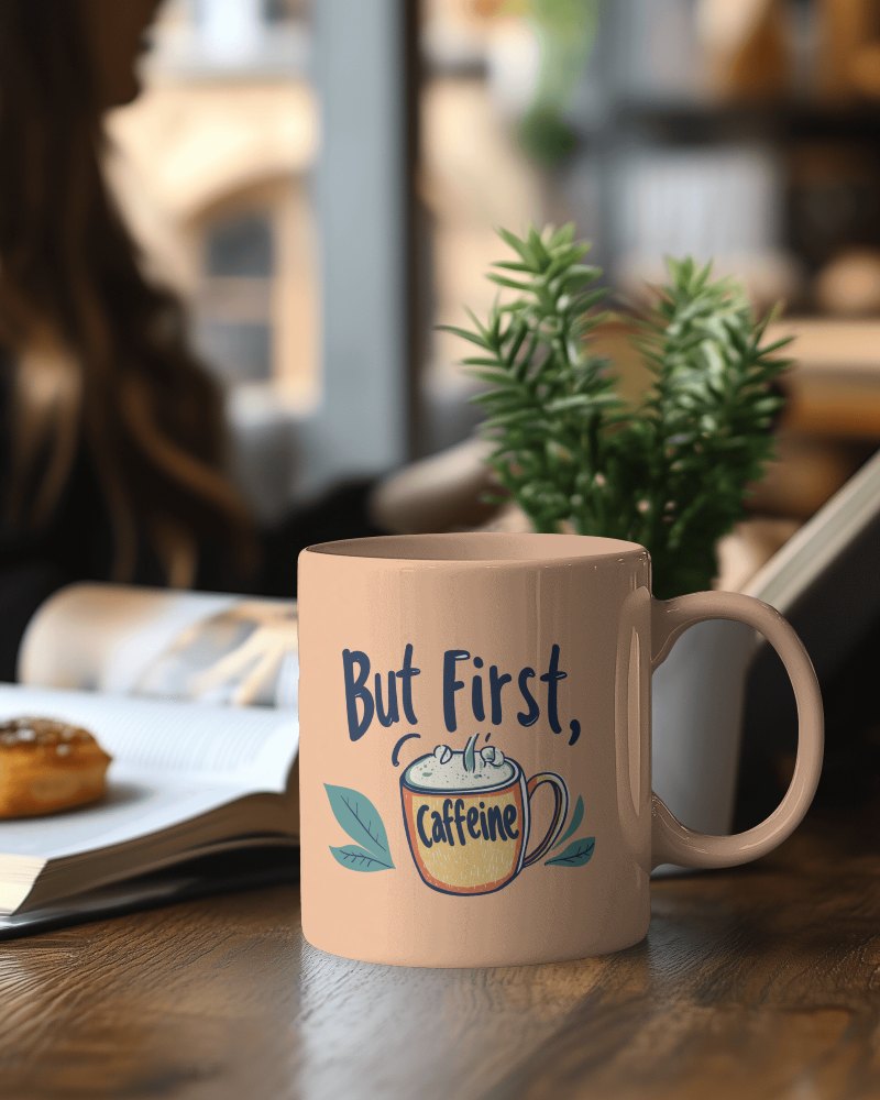 Cafe Ambiance But First Coffee Mug Mockup With Plant And Pastry