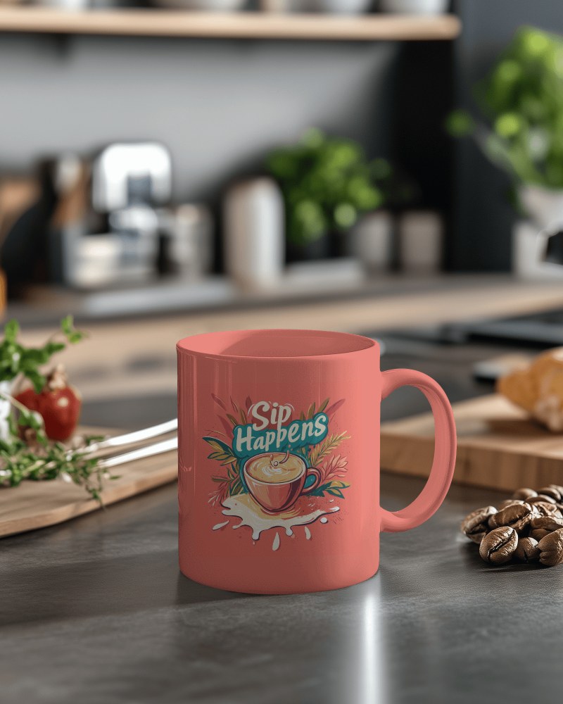 Kitchen Vibe Sip Happens Mug Mockup Among Coffee Beans And Herbs