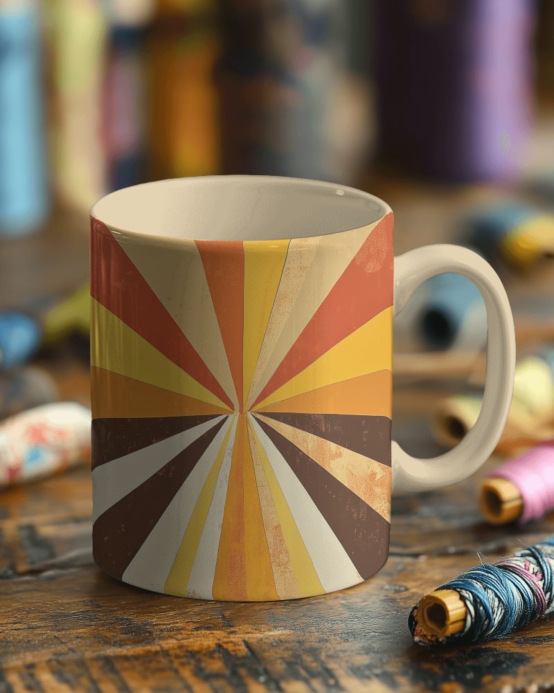 Colorful Sunicycle Pattern Mug Mockup On Wooden Table With Sewing Threads