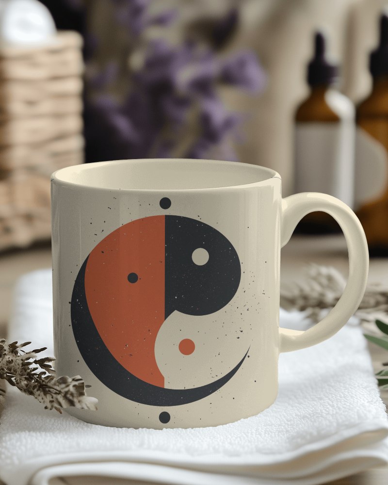 Yin Yang Symbol Ceramic Mug Mockup With Natural Decor And On A Soft Cloth
