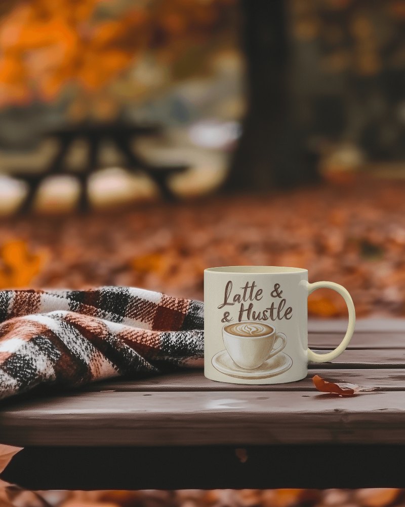 Autumn Outdoor Latte Hustle Mug Mockup With Plaid Blanket On Wooden Bench