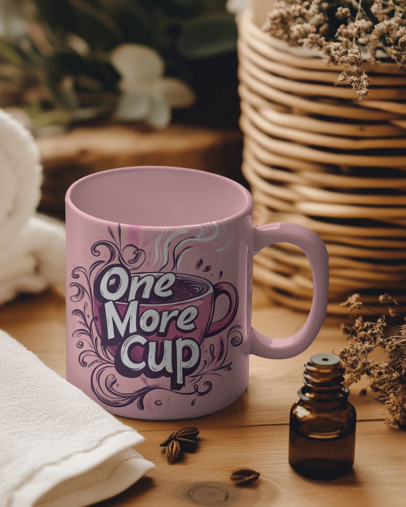 One More Cup Pink Mug Mockup With Coffee Art And Inspirational Quote