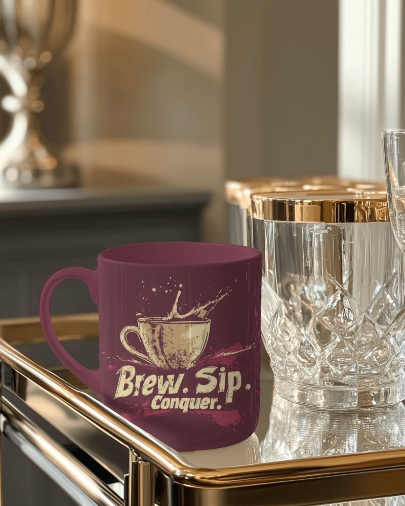 Luxurious Interior Mug Mockup Featuring Coffee Cup Art And Gold Rimmed Glassware