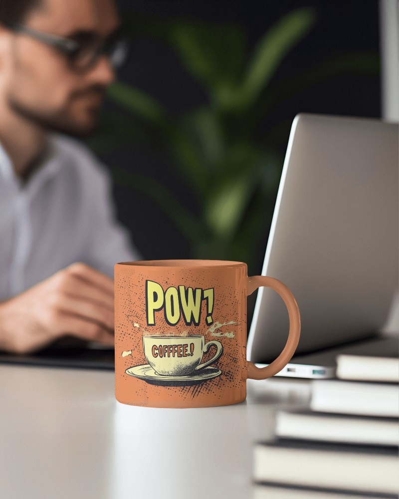 Work Environment Mug Mockup Featuring Coffee Pow Exclamation And Silver Laptop