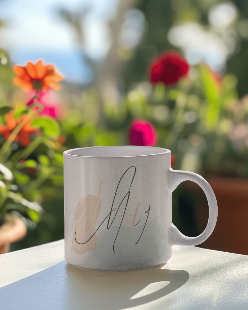 Serene Garden White Mug Mockup With Elegant Calligraphy Against A Vivid Flower Backdrop