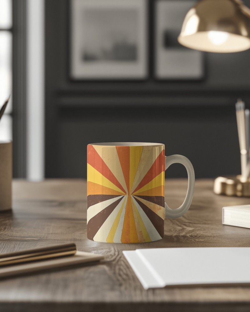 Modern Office Table Coffee Mug Mockup With Vibrant Sunburst Pattern