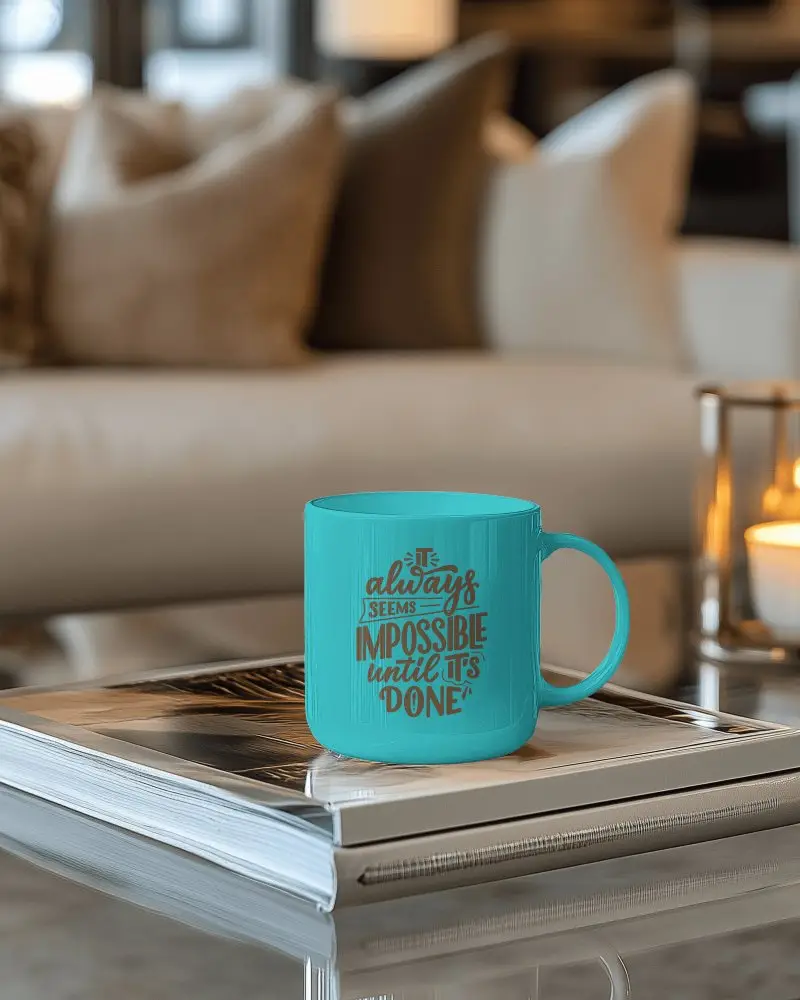 Cozy Living Room Mug Mockup White Ceramic Mug On Stacked Magazines With Warm Golden Lighting And Comfy Sofa In Background Relaxed Home Atmosphere