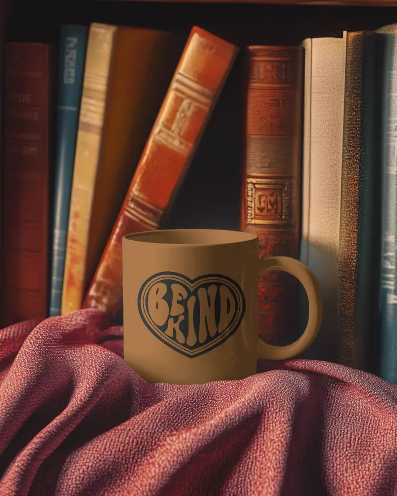 Cozy Library Mug Mockup White Ceramic Mug On Rich Red Scarf Amongst Classic Books Warm And Inviting Study Atmosphere