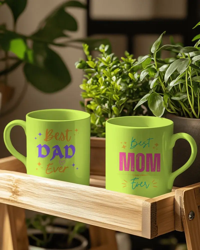 Minimalist Home Decor Mug Mockup Pristine White Mugs Highlighting Your Design Space On Natural Wood Surface Amidst Fresh Indoor Vegetation