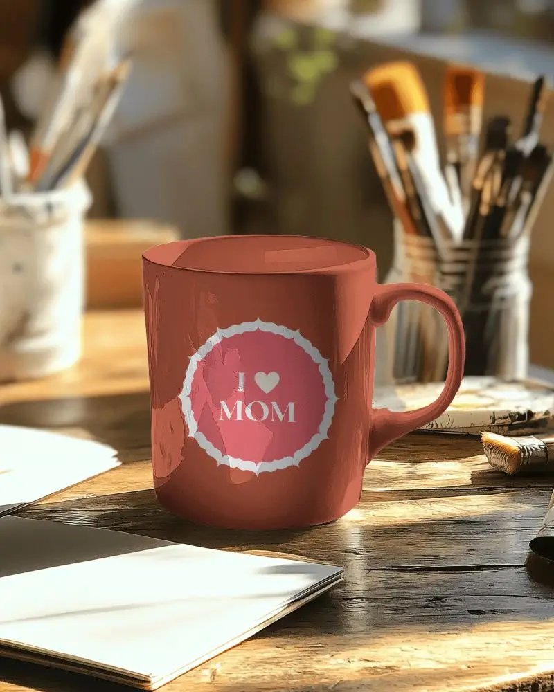Creative Workspace Mug Mockup White Ceramic Mug On Rustic Wooden Desk With Art Supplies And Notebook In A Warm And Inspirational Setting
