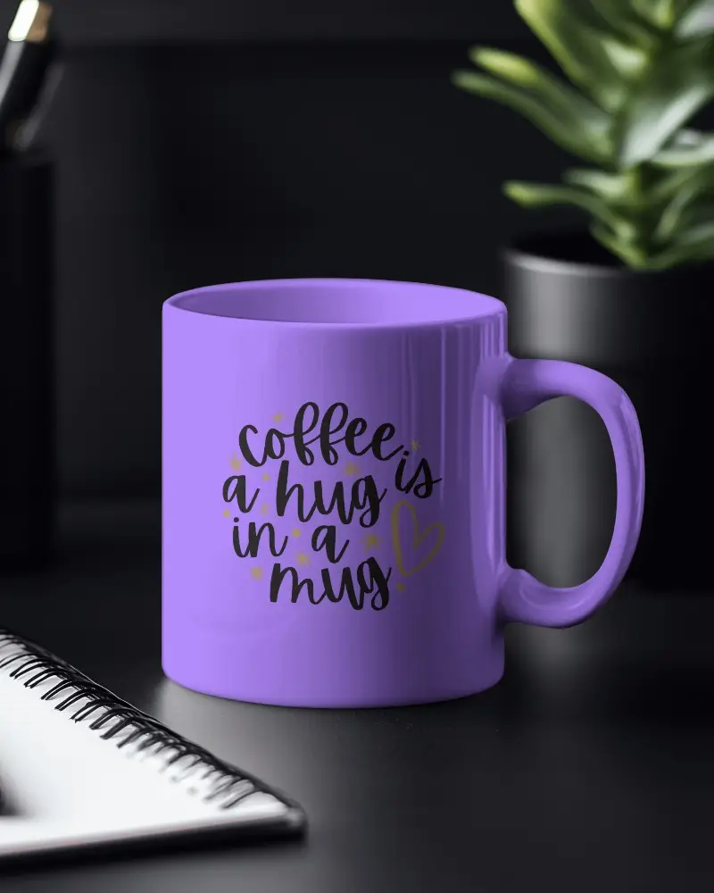 Modern Office Mug Mockup White Ceramic Mug On Black Surface With Notebook And Green Plant In Background Clean And Professional Aesthetic