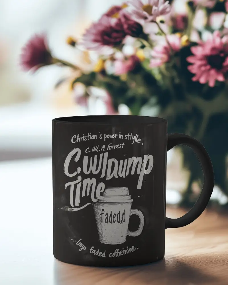 Cozy Living Room Mug Mockup White Ceramic Mug On Wooden Surface With Blooming Flower Arrangement In Background Natural And Welcoming Atmosphere