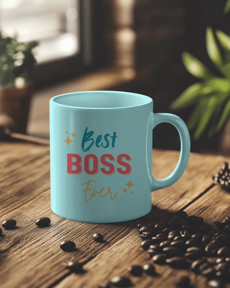 Cozy Coffee Mug Mockup White Ceramic Mug On Rustic Wooden Surface With Scattered Coffee Beans And Green Plants In Background Warm And Inviting Atmosphere