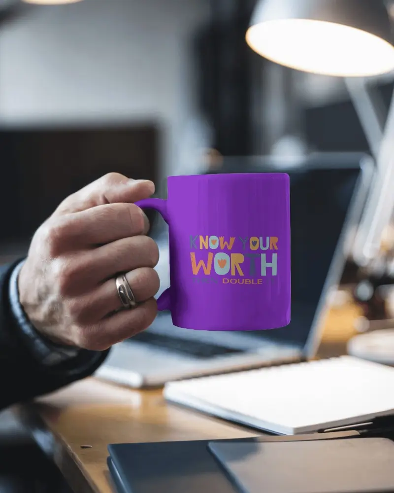 Modern Office Mug Mockup White Ceramic Mug Held By Hand In Well Lit Workspace With Notebook And Desk Lamp Functional And Aesthetic Setting
