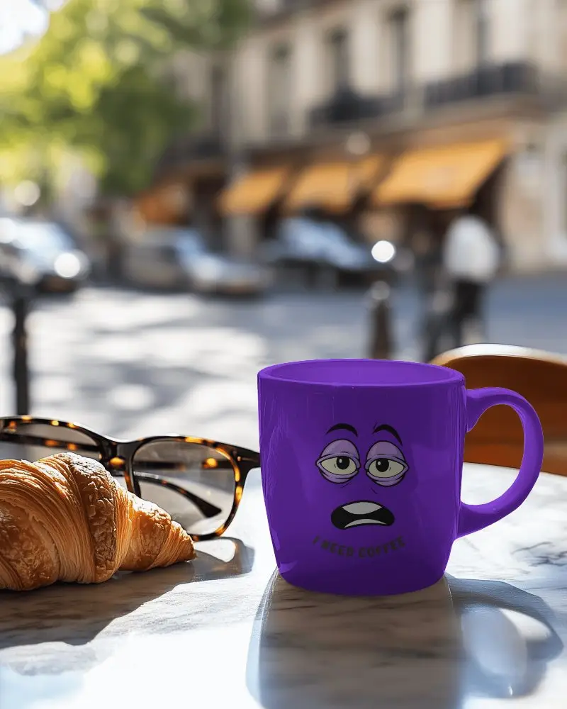 Outdoor Cafe Mug Mockup White Ceramic Mug On Table With Sunlit Background And Croissant In Focus Bright And Inviting Street Side Setting