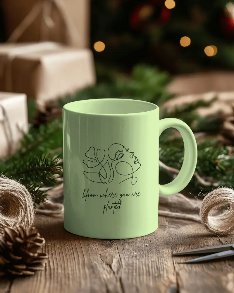 Home Productive Mug Mockup Basic Light Green Ceramic Mug On Well Lit Desk In A Functional And Welcoming Working Space