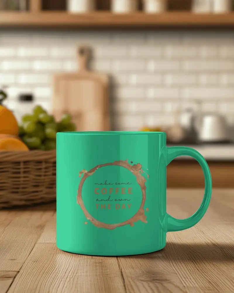 Cozy Kitchen Mug Mockup White Ceramic Mug On Rustic Wooden Counter With Fruits And Kitchen Tools In Background Warm And Functional Setting