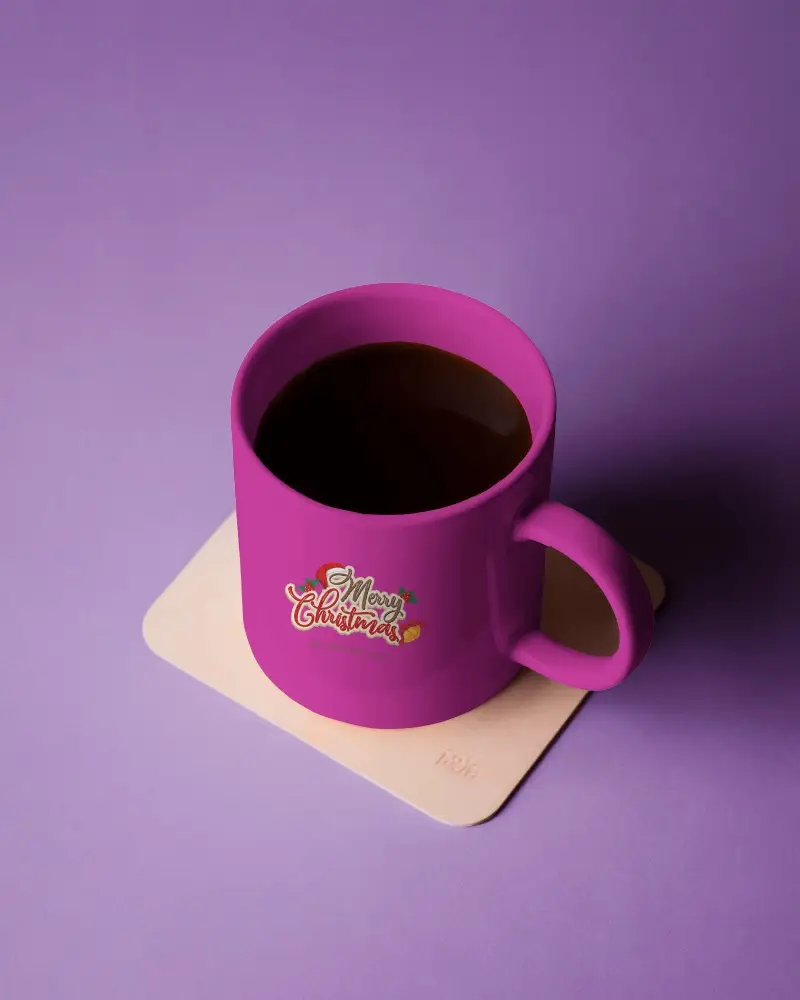 Clean Mug Mockup White Coffee Cup With Design Space On Solid Purple Background And Neutral Coaster Minimal And Versatile Aesthetic