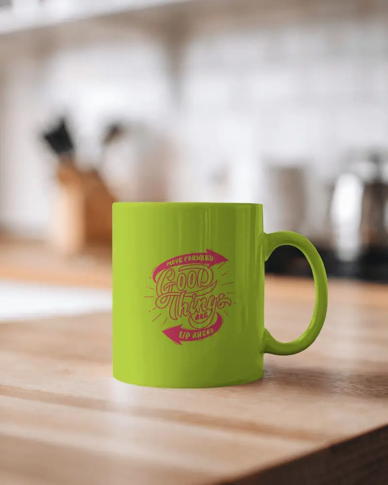 Cozy Kitchen Mug Mockup White Coffee Cup With Design Space On Wooden Countertop And Blurred Background Homey And Inviting Atmosphere