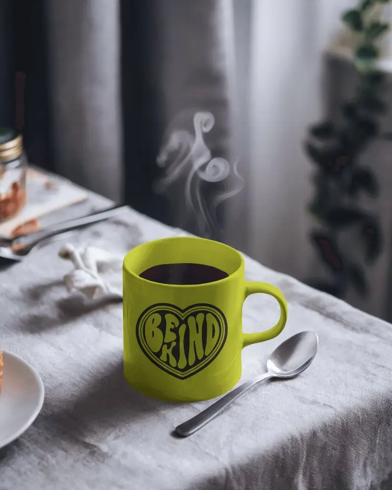 Cozy Breakfast Mug Mockup White Coffee Cup With Design Space On Linen Tablecloth And Smoking Hot Drink Accented By Spoon And Lighting Relaxing And Welcoming Ambience