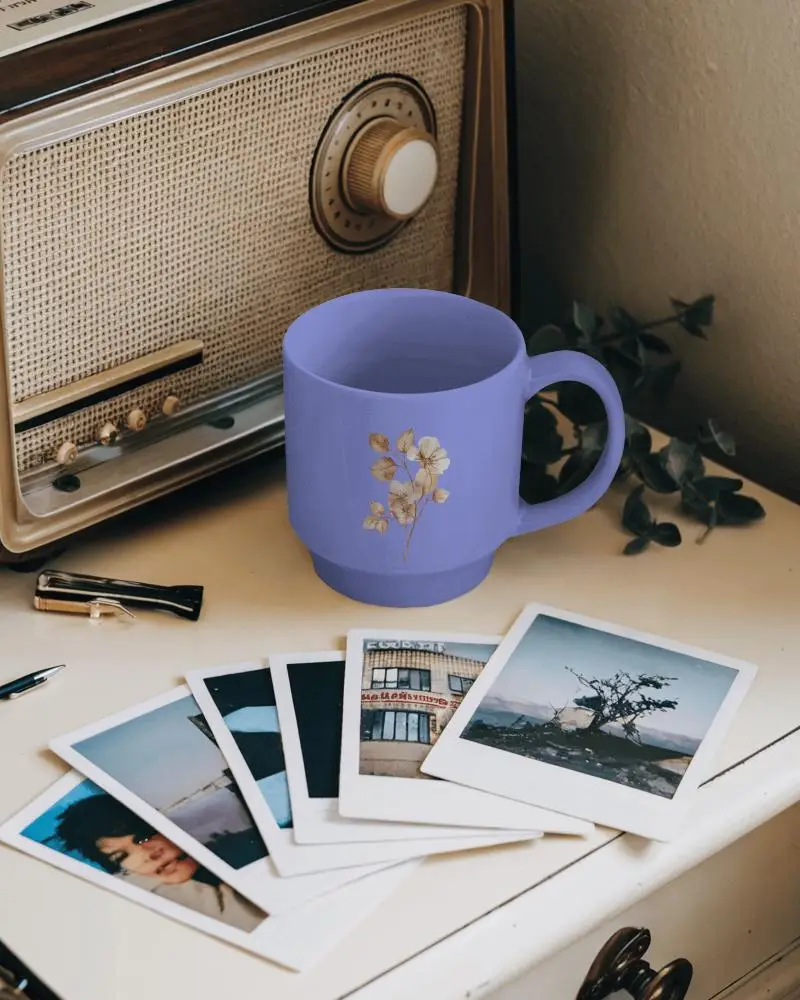 Vintage Retro Mug Mockup Gray Coffee Cup On Drawer With Vintage Radio And Polaroid Photos Accented By Greenery Nostalgic And Chic Aesthetic