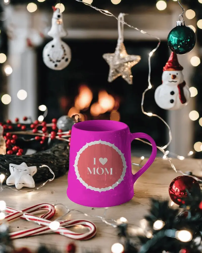 Festive Holiday Mug Mockup White Coffee Cup With Design Space On Table Accented By Christmas Decorations And Fireplace Warm And Jolly Ambience