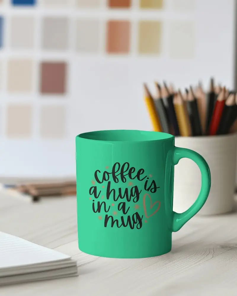 Modern Office Mug Mockup White Coffee Cup With Design Space On Desk Accented By Notebook And Colorful Pencil Holder Clean And Professional Aesthetic  Copy  Ask  Explain