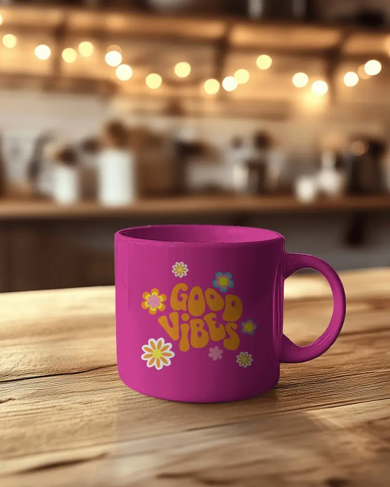 Cozy Cafe Mug Mockup White Coffee Cup With Design Space On Wooden Table Accented By Warm Lighting And Blurred Background Relaxing And Inviting Atmosphere