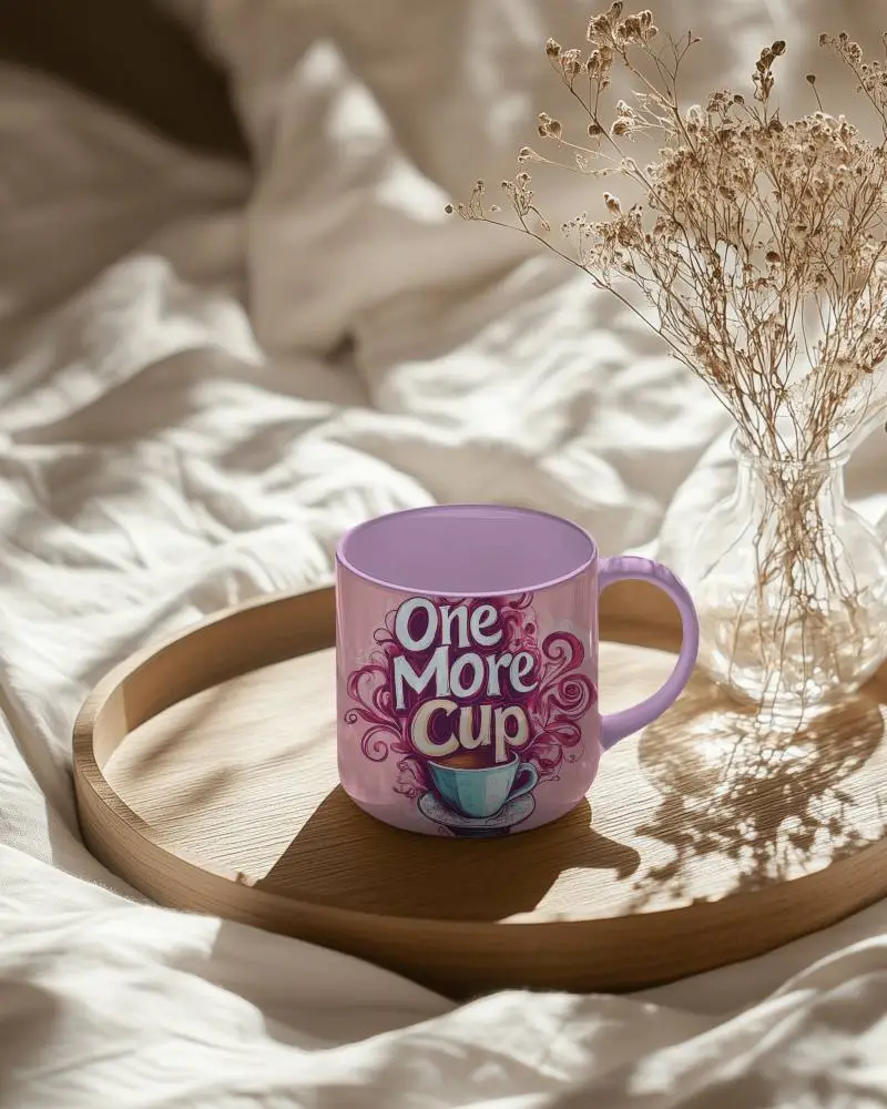 Serene Mug Mockupe Coffee Cup With Design Space On Wooden Tray Accented By Dried Flower Vase And Soft Lighting Relaxing And Bohemian Atmosphere