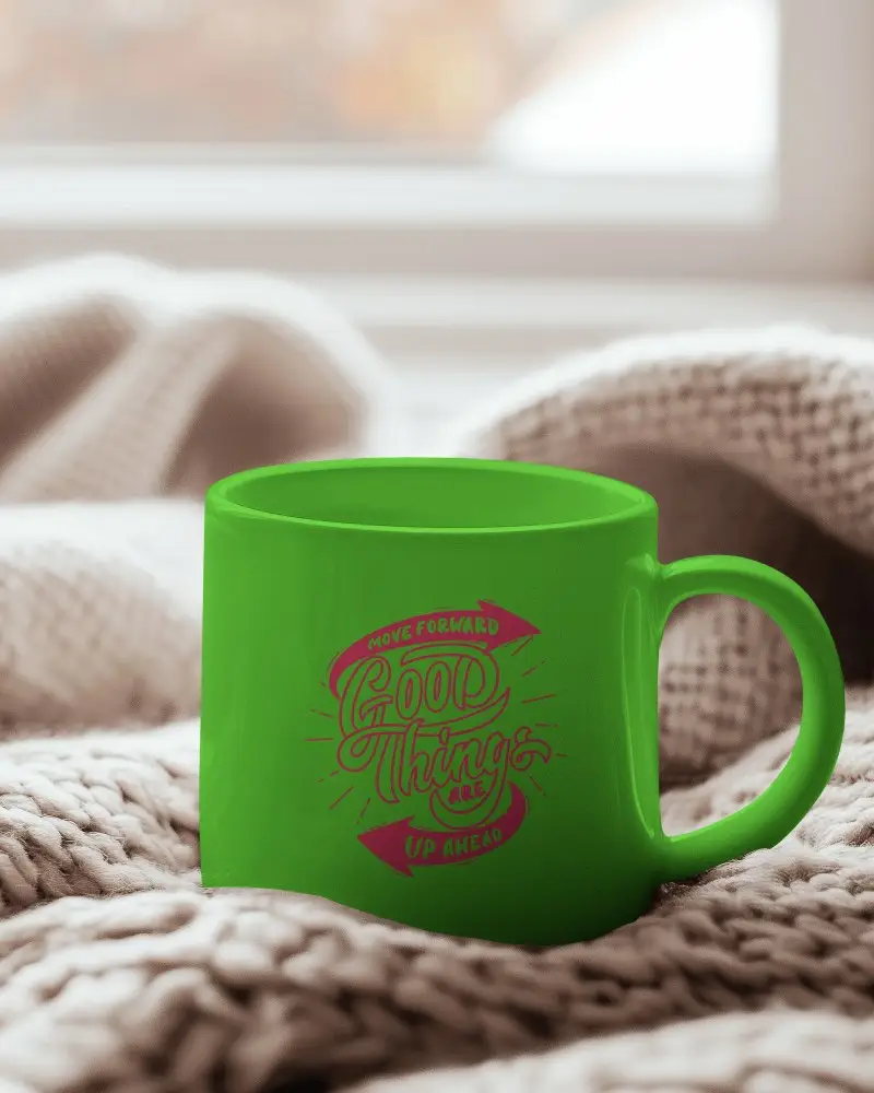 Morning Routine Mug Mockup White Ceramic Mug Positioned On Comfy Blanket With Gentle Sunlight Streaming Through Window Peaceful Start To The Day