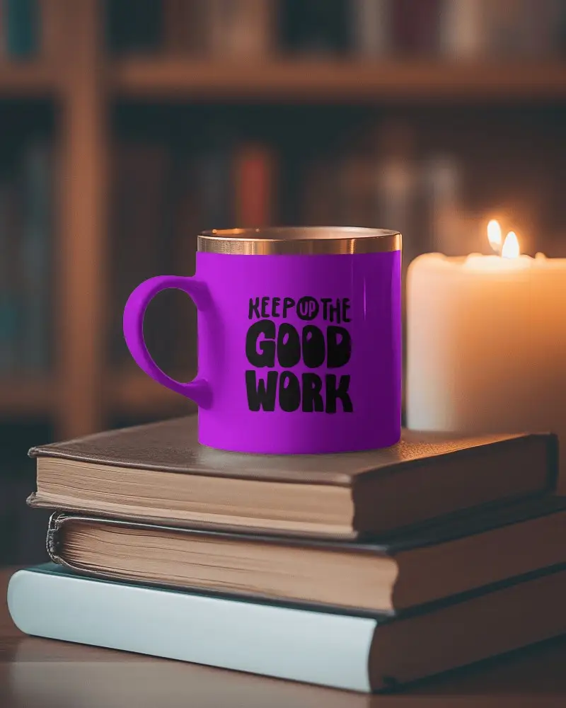 Warm Study Mug Mockup Mug Highlighted On Books With Dramatic Candle Shadow Subtle Yet Inviting Scholarly Setting