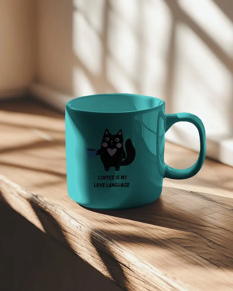 Morning Light Coffee Mug Mockup On Rustic Window Ledge With Geometric Sun Shadow Pattern 0193