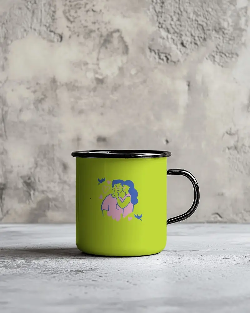 Realistic Enamel Cup Mockup On Textured Background For Branding And Marketing