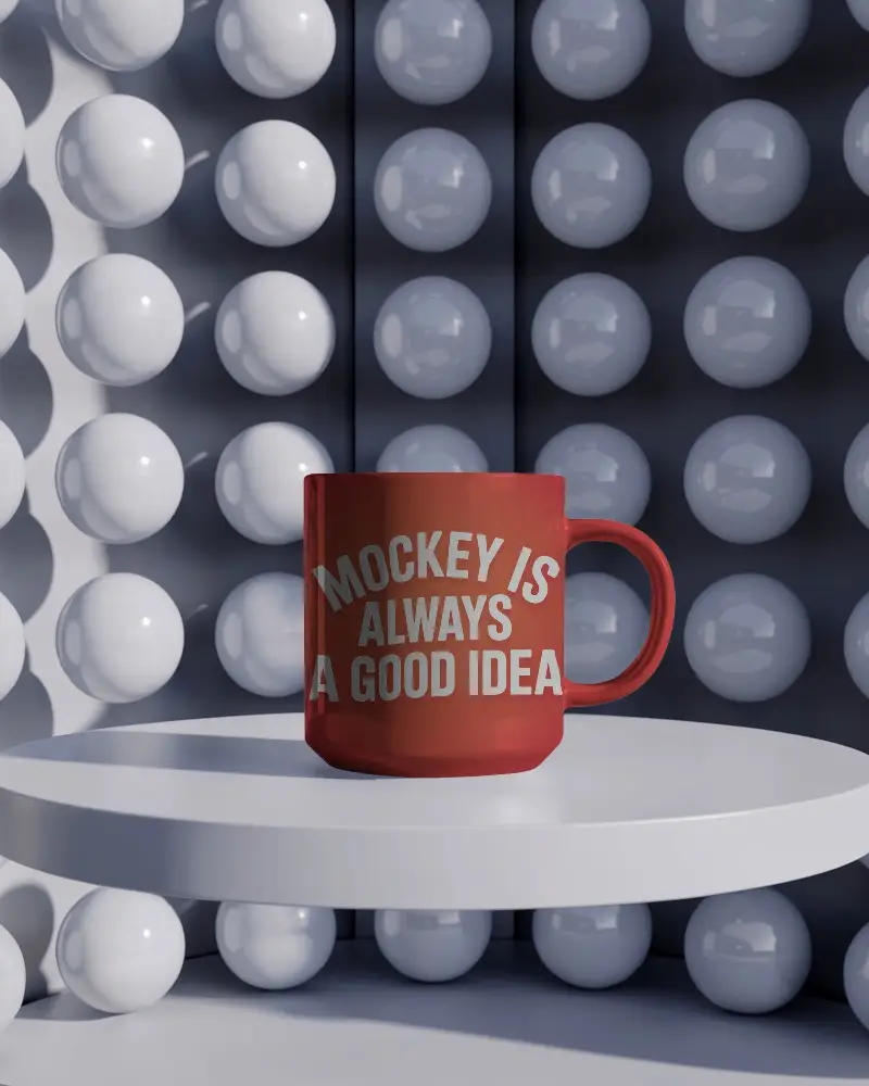 Futuristic Podium Coffee Mug Mockup With Glossy White Spheres And Spotlight Reflection 0207