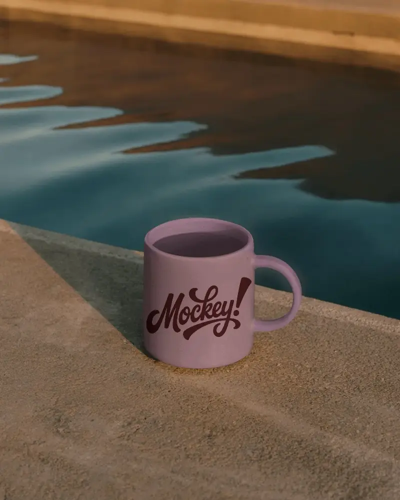 Outdoor Coffee Mug Mockup With Smooth Texture Placed On Rough Concrete Near Water 0208