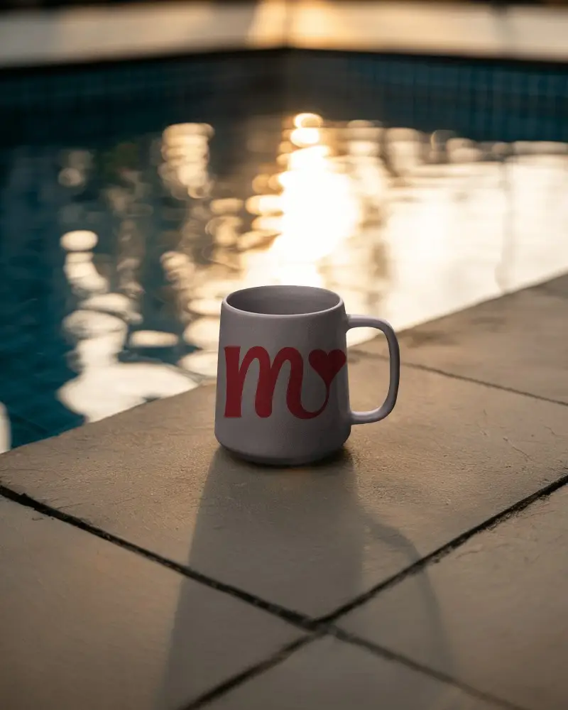 Ceramic Mug Mockup By Poolside With Soft Sunset Reflections And Warm Evening Light 0209