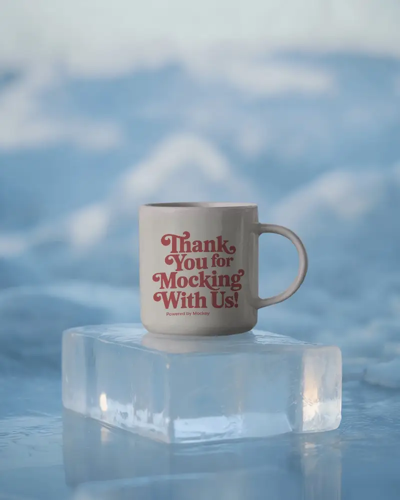 Ceramic Mug Mockup With Handle On Transparent Ice Block For Coffee Or Tea Presentation