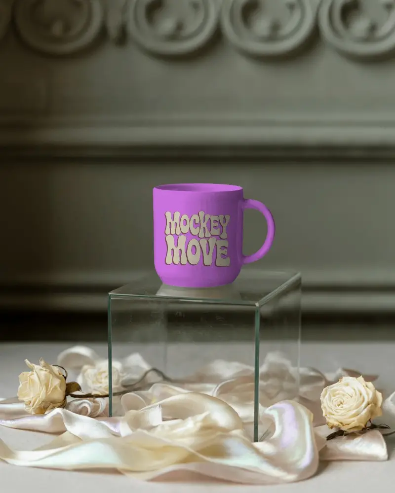 Minimalist Ceramic Mug Mockup On Transparent Glass Block With Luxury Fabric Background