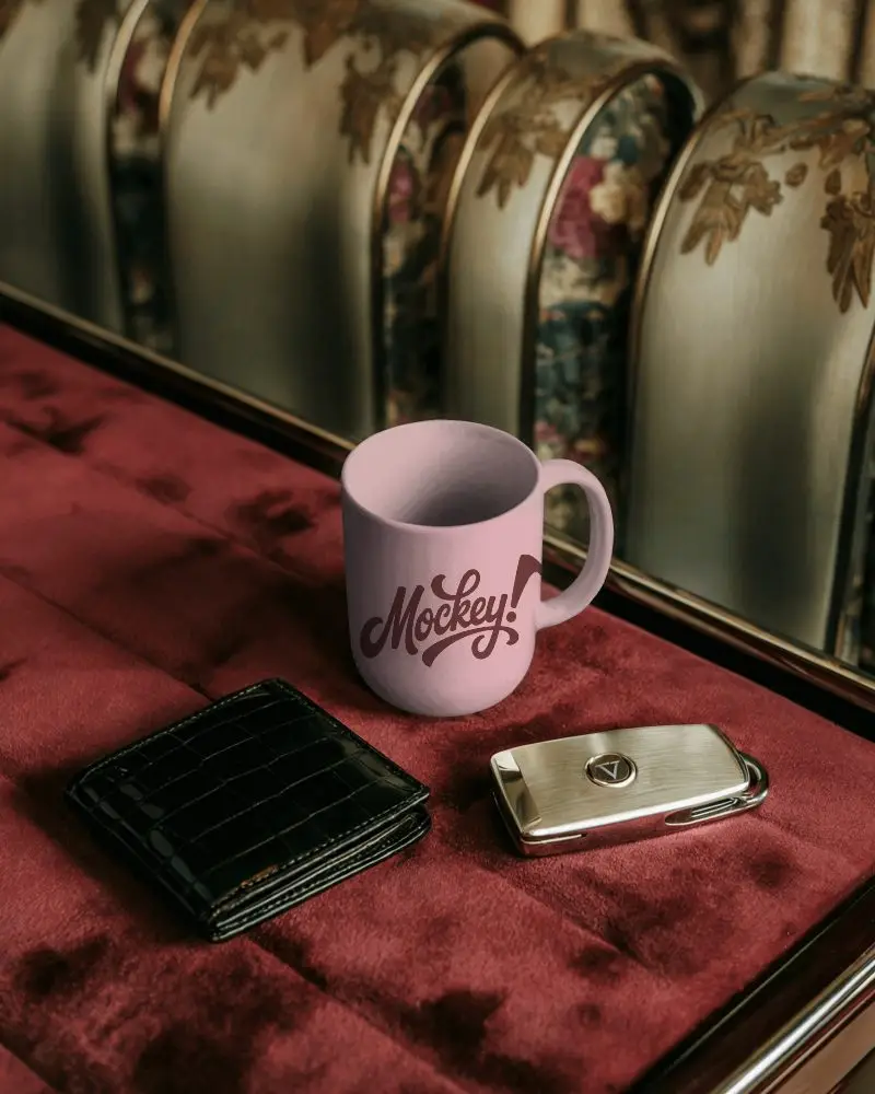 Premium Ceramic Mug Mockup With Wallet And Car Key On Velvet Surface For Branding Design