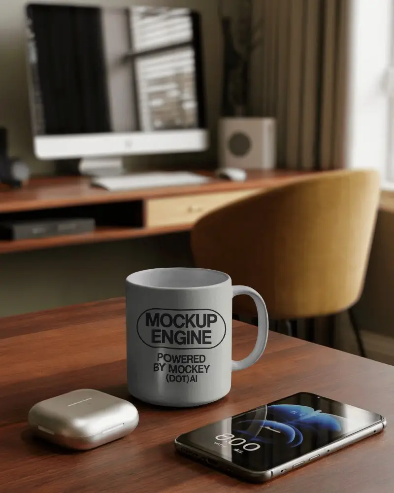 Modern Workspace Coffee Mug Mockup On Wooden Desk With Phone And Wireless Earbuds